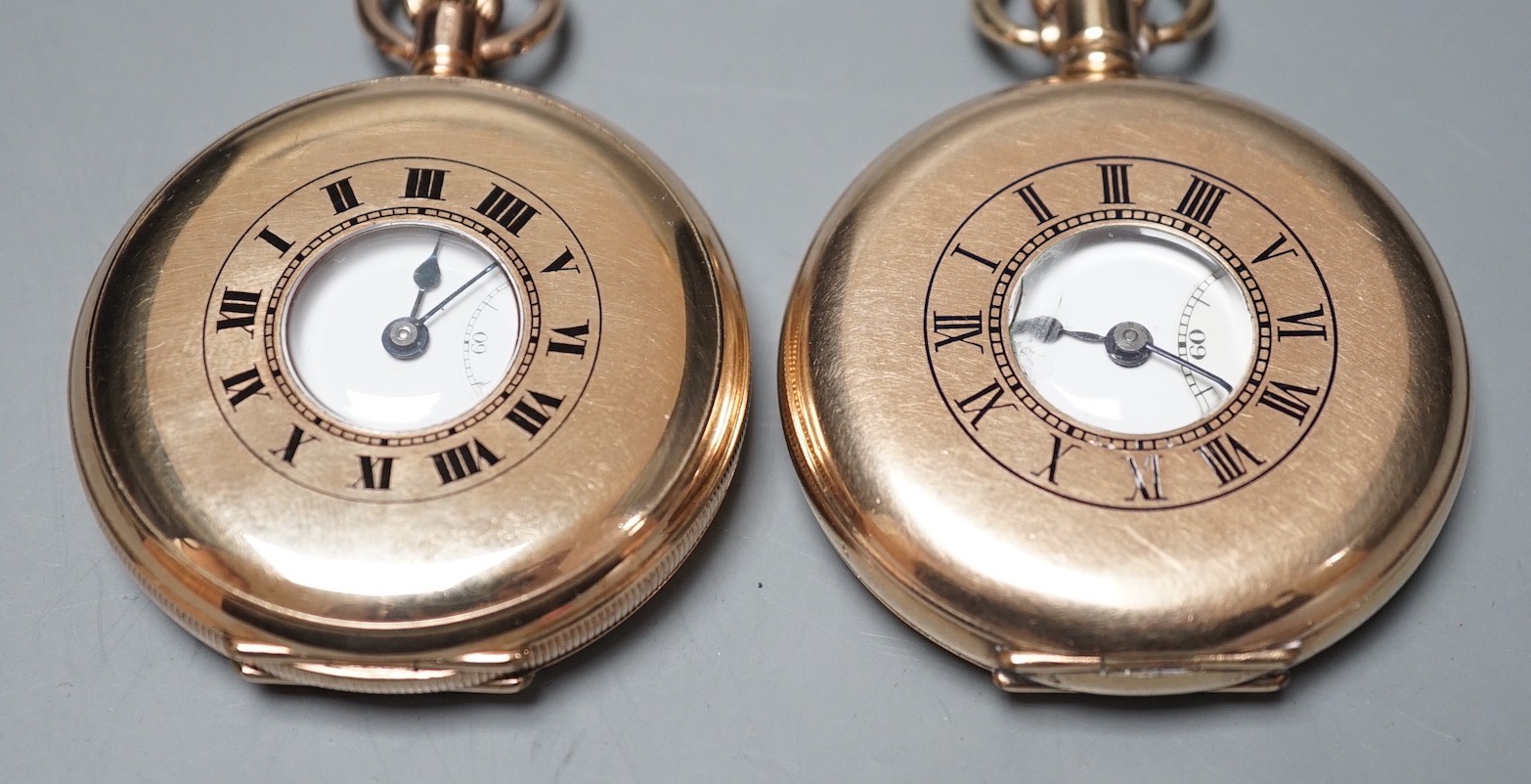 A George V 9ct gold cased keyless half hunter pocket watch, case diameter 48mm, with engraved monogram, gross weight 98.1 grams an a similar gold plated pocket watch.